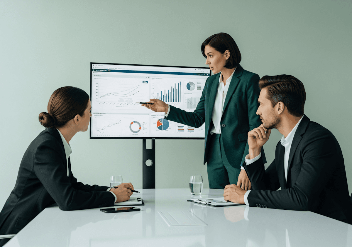 Three colleagues in a meeting room reviewing charts on a large monitor