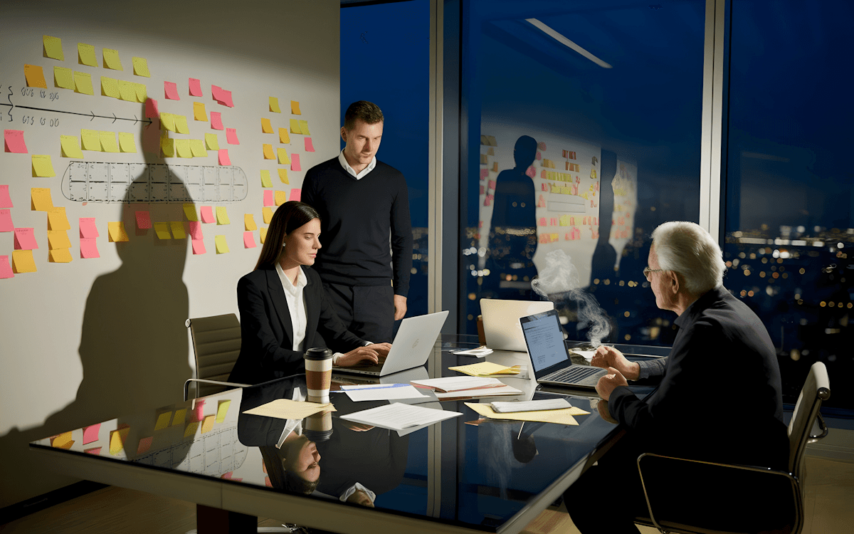 A team working late at a table covered in laptops, papers and sticky notes