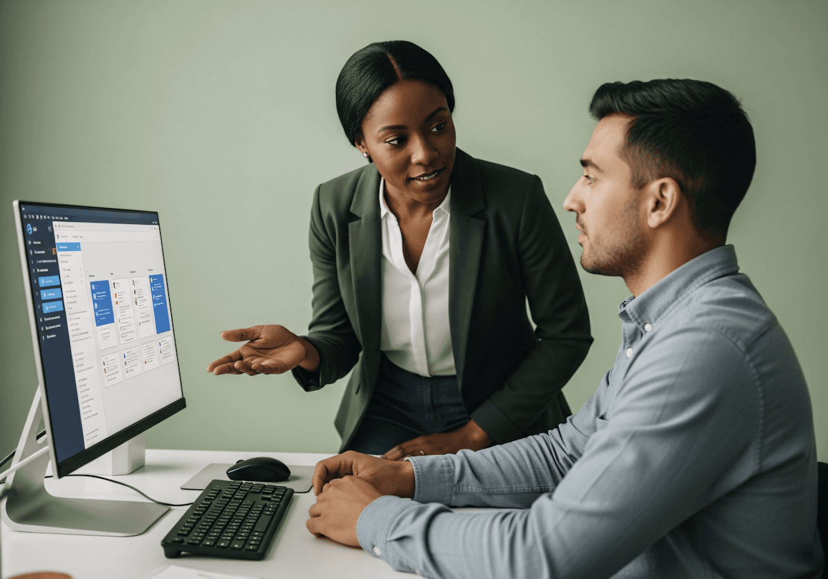 Two coworkers in conversation in front of a computer screen